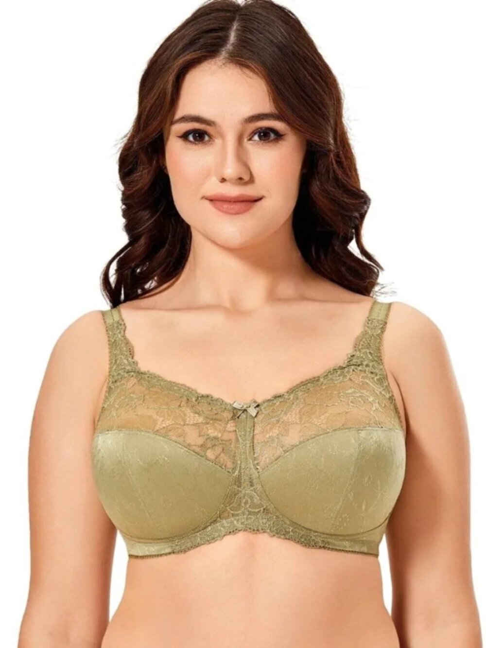 DELIMIRA Plus Sz 46C Womens Wireless Floral Lace Bra in Olive Green